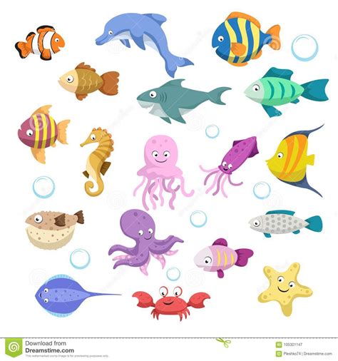 Cartoon Trendy Colorful Reef Animals Big Set Fishes Mammal