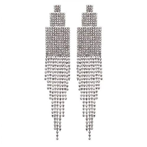 Crystal Diamante Rhinestone Long Tassel Earrings Geometric Square Shape Drop Dangle Big Earrings