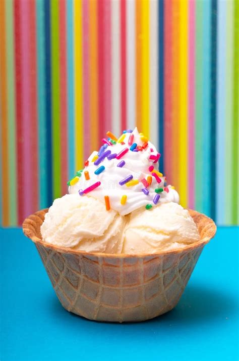 A Vanilla Ice Cream Sundae In A Waffle Cone Bowl Stock Image Image Of