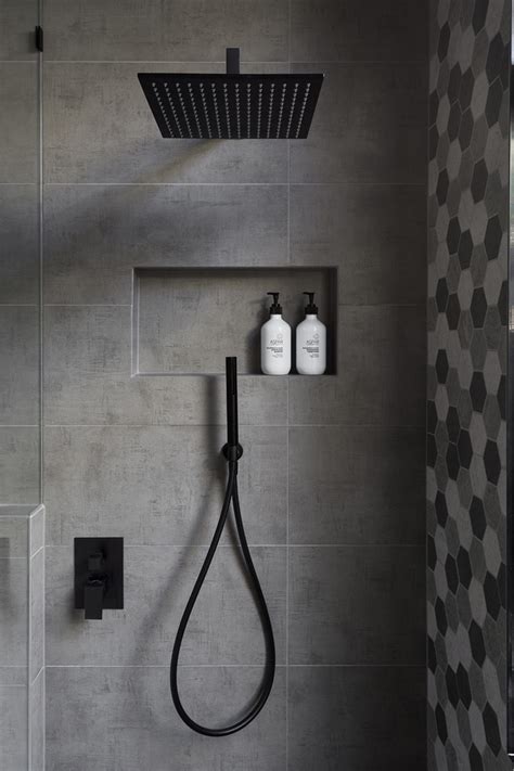 Easy to install, wall mounted water outlet. Matte Black Accents Add Sophistication To This Grey And ...