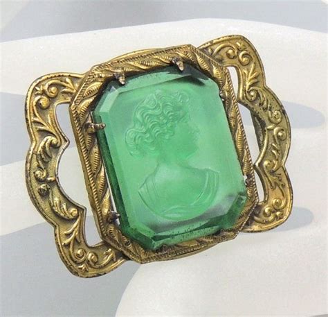 Antique Cameo Brooch Green Molded Glass By Vintagejewelryoutlet 25 00