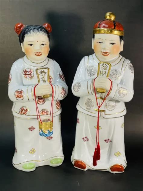 Vintage Asian Chinese Figurine Pair Lucky Boy Girl Prosperity Feng Shui