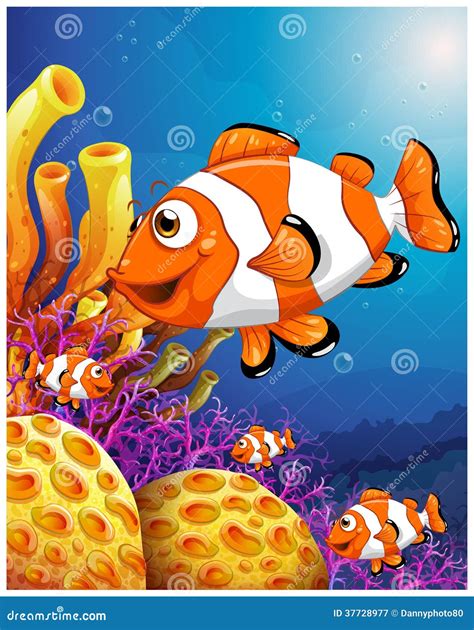 A School Of Fish Near The Beautiful Coral Reefs Stock Vector