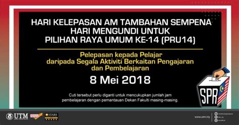 Umum sudah mengetahui bahawa tanggal 9 mei 2018 menjadi satu tarikh yang diingati oleh rakyat malaysia, tarikh pilihan raya umum ke 14. Hari Kelepasan Am Tambahan Sempena Hari Mengundi untuk ...
