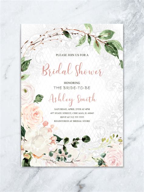 Floral And Lace Bridal Shower Invitation Printable Elegant Wedding Shower Luncheon Invite Boho