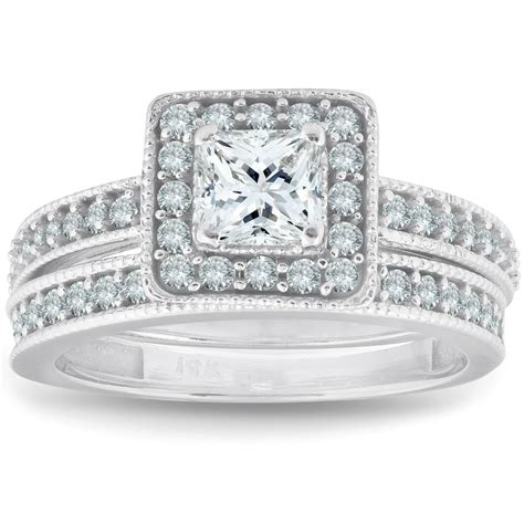 pompeii3 1ct princess cut halo diamond engagement wedding ring set 14k white gold walmart