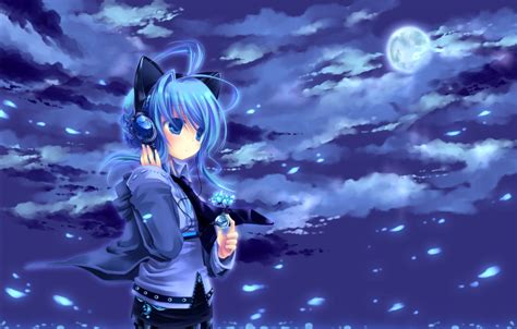 Download 1024x600 Anime Girl Moon Blue Hair Headphones Clouds Mood