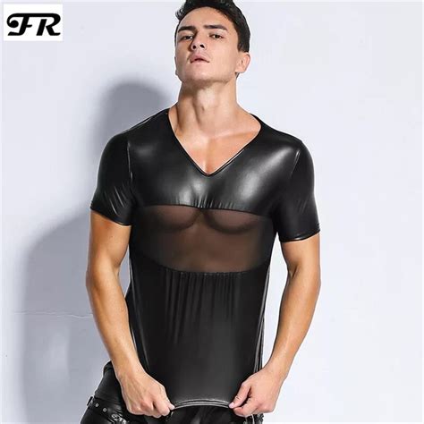 Buy Fr Mens Sexy Mesh Faux Leather Patchwork Topsmen