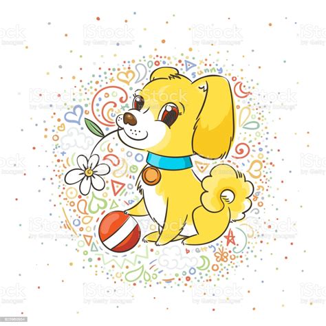 Happy Golden Cartoon Puppy Cute Little Dog Wearing Collar