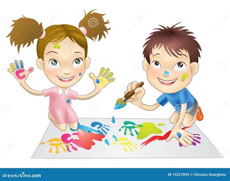 Twee Jonge Kinderen Die Met Verven Spelen Vector Illustratie