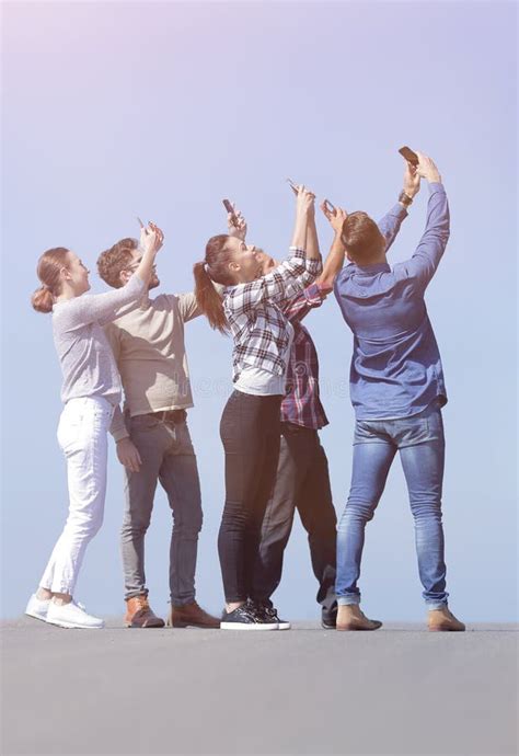 Rear View Happy Friends Doing A Selfie Stock Photo Image Of