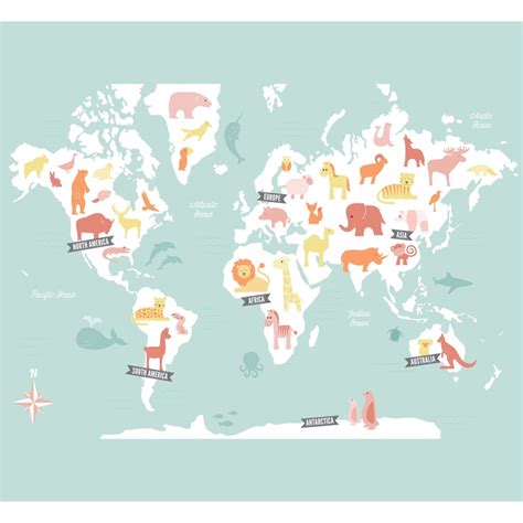 Animal World Map Childrens And Nursery Wall Mural By Jessie Steury