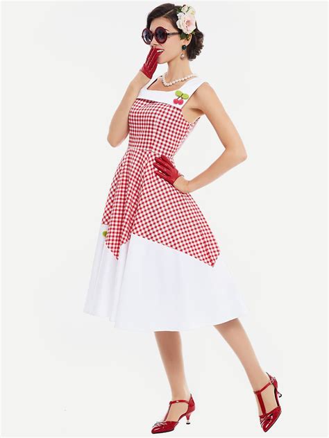 Contrast Checkered Cherry Detail Flare Dress Sheinsheinside