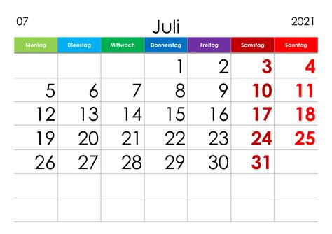 Kalender Juli 2021 Grosse Ziffern Im Querformat Kalendersu