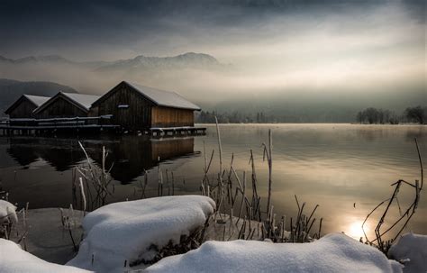Nature Landscape Winter Calm Cabin Lake Mist Sunrise Mountain
