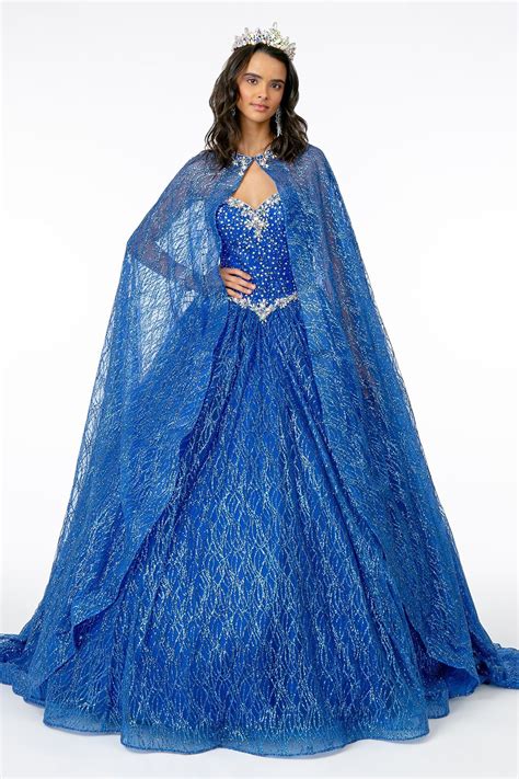 Jeweled Strapless Cape Ball Gown By Elizabeth K Gl2801 L Royal Blue