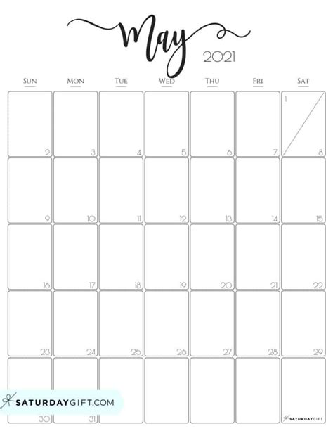 Cute And Free Printable May 2021 Calendar Saturdayt