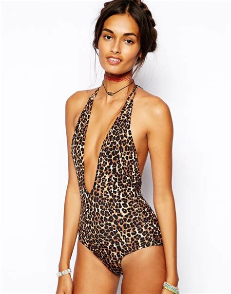 Shop The Plunge ASOS Leopard Print Halter Plunge Swimsuit Best