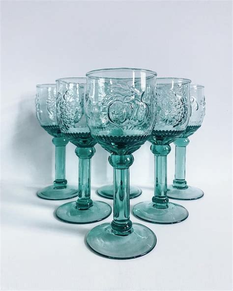 6 Large Clear Green Glass Goblets Vintage Stemware Long Stem Etsy