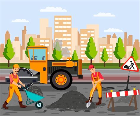 Premium Vector Roadwork Asphalt Paving Flat Color Illustration