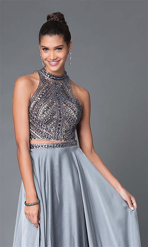 Two Piece Jeweled High Neck Prom Dress Promgirl