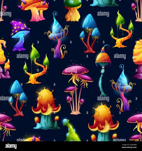Seamless Pattern Fairy Fantasy Mushrooms And Magic Toadstools Vector