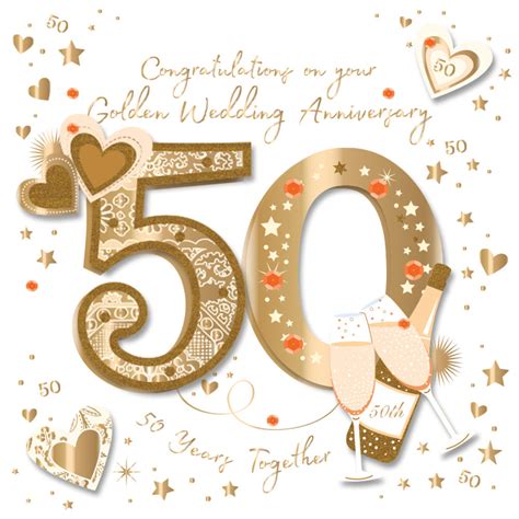 Golden 50th Embellished Anniversary Greeting Card Cards