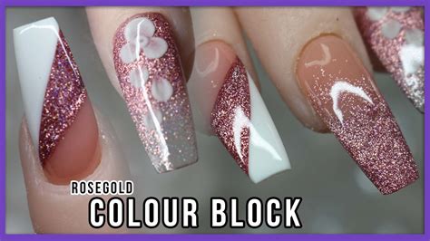 Rose Gold Colour Block Acrylic Nails And Encapsulated Flower Glitter