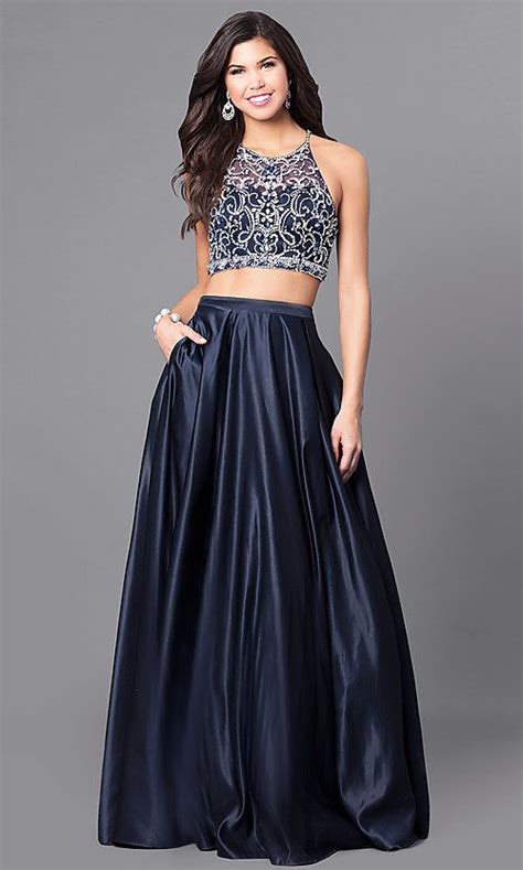 Long Two Piece Navy Blue Prom Dress With Pockets Piece Prom Dress
