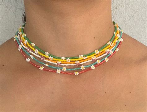 Daisy Flower Seed Bead Necklace Colorful Dainty Jewelry Choker