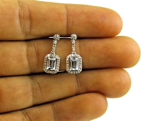 Emerald Cut Aquamarine And Diamond Dropdangle Earrings 14k White Gold 1