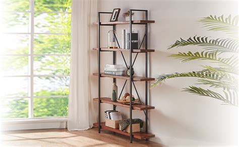 Hsh Natural Real Wood Bookcase 5 Tier Industrial Rustic