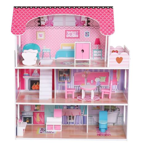 Large Childrens Wooden Pink Dollhouse Fits Barbie Doll House W 8 Pcs