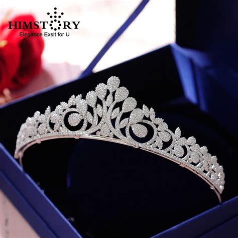 Himstory Full Zircon Leaf Tiara Copper Zircon Tiaras Micro Pave Cz Bride Crown Wedding Diadem