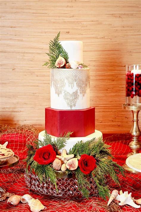 Elegant Red And White Christmas Wedding Cake With Gold Coastal Details