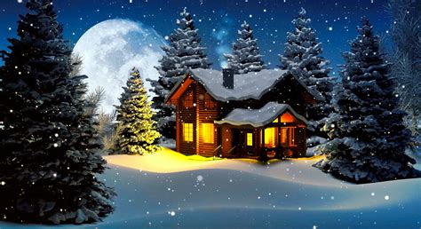 Christmas comes with merriment, joys and ecstasy. Winter Cottage on Full Moon Night Wallpaper and Background ...