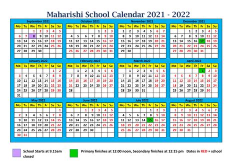 Calendar 2021 2022 Maharishi School