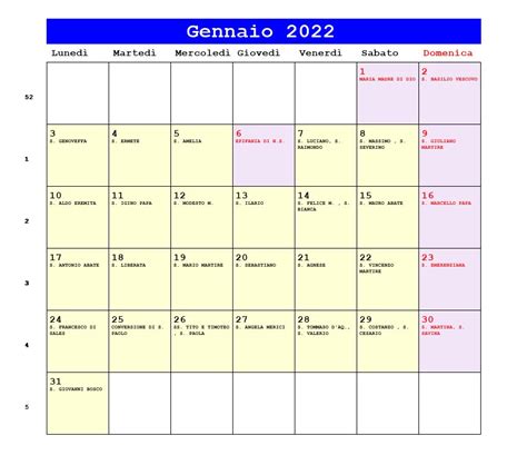 Calendario Gennaio 2022 Da Stampare Capodanno Epifania