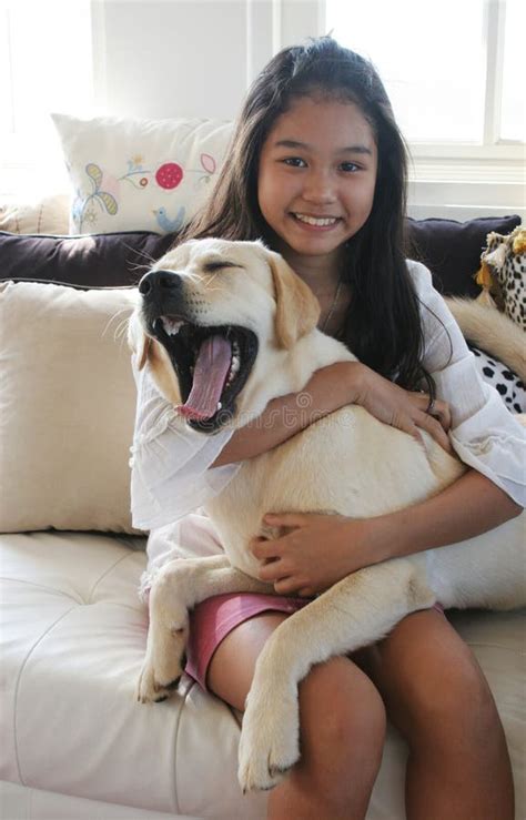 Asian Girl With Her Yawning Dog Stock Image Image Of Female Girl