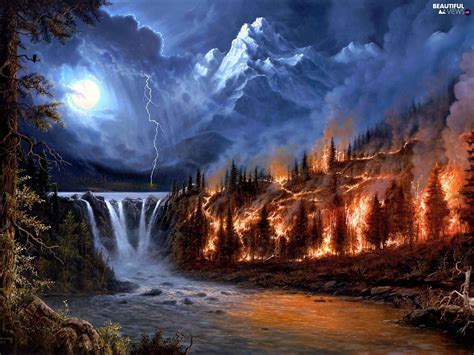 Fire Storm Night Mountains Waterfall Beautiful Views Beautiful