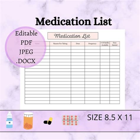 Medication List Editable And Printable Template Pdf Etsy