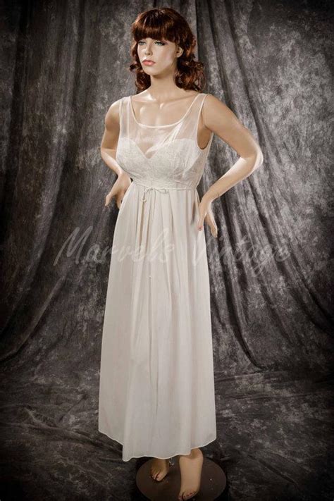Vintage Vanity Fair Nightgown White Long Negligée Chiffon Over Lace
