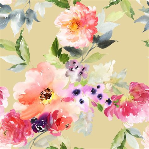 Seamless Summer Pattern With Watercolor Flowers Handmade Stock