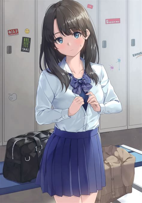Unasaka Ryou Original Absurdres Highres Scan 1girl Bag Black Hair Blue Eyes Blue Skirt