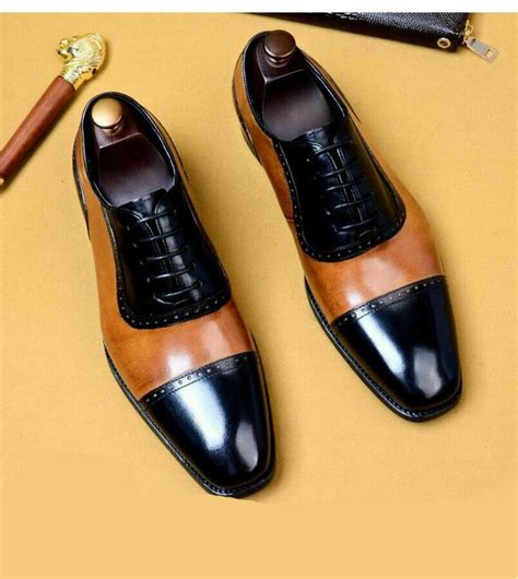 Handmade Mens Tan And Black Two Tone Leather Shoes Fashion Formal