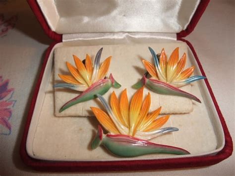 Rare Vintage Ming S Ivory Hawaiian Brooch Earring Set Bird