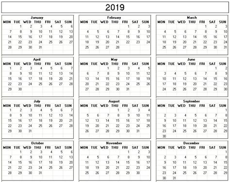 Yearly 2019 Printable Calendar Back And White Week Starts On Monday