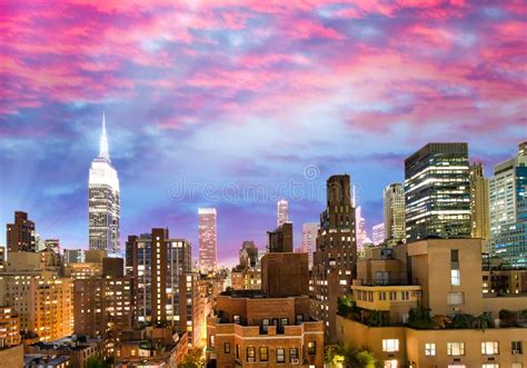 Night Aerial View Of Midtown Manhattan Skyline From A New York City