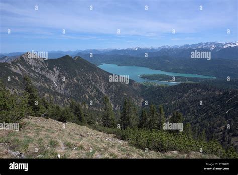 View Of Lake Walchensee And Mountain Ridge Connecting Heimgarten And