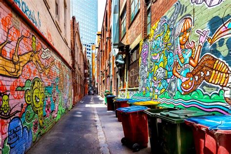 Colorful Graffiti On Brick Walls In An Alley In Melbourne Australia